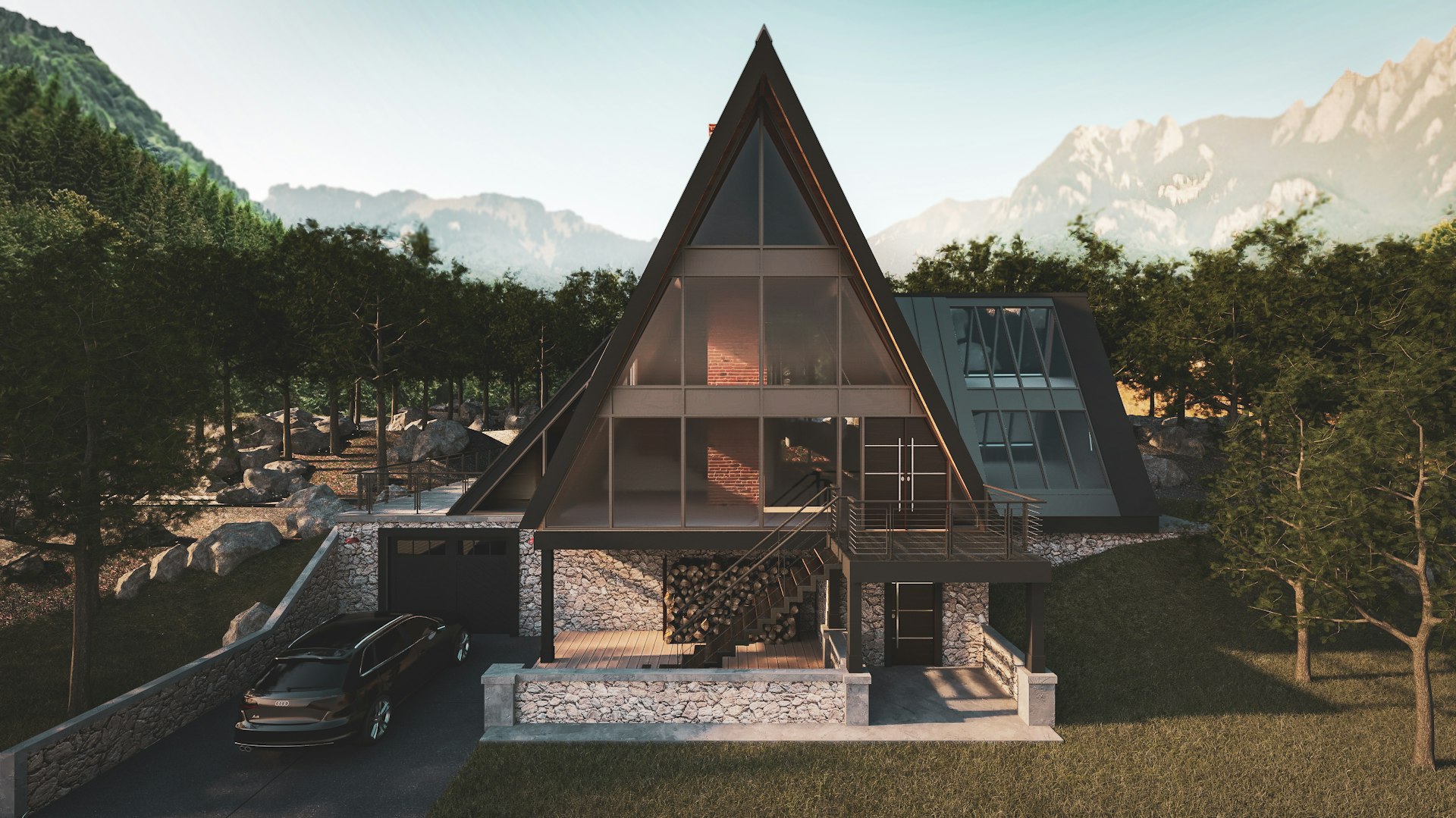 Cabana A‑frame în peisaj montan